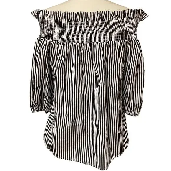 Parker Navy Blue and White Off the Shoulder Ruffle Smocked Blouse - Picture 2 of 5